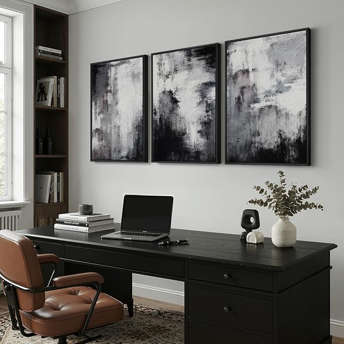 Framed Black and White Abstract Wall Art for Living Room, Large 3 Piece Modern Grey Canvas Artwork for Walls, Minimalist Abstract Prints Pictures Home Office Dining Room Hallway Wall Decor, 24x36 In