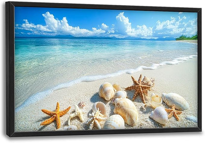 Ocean Large Wall Art for Living Room Beach Seashell Starfish Framed Canvas Decor Coastal Landscape Prints Painting Pictures Extra Large Seascape Artwork for Bedroom Home Decor Bathroom Kitchen 24"x36"