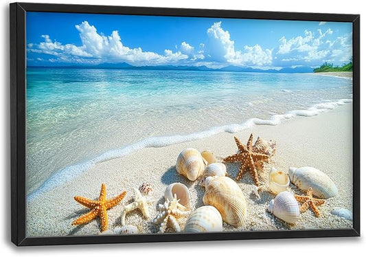 Ocean Large Wall Art for Living Room Beach Seashell Starfish Framed Canvas Decor Coastal Landscape Prints Painting Pictures Extra Large Seascape Artwork for Bedroom Home Decor Bathroom Kitchen 24"x36"