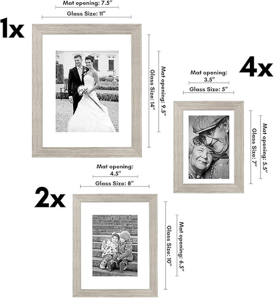 Americanflat Set of 7 Picture Frames with Shatter-Resistant Glass - Gallery Wall Frame Set with One 11x14, Two 8x10 and Four 5x7 Frames - Signature Collection - Driftwood