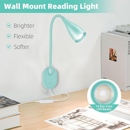 LiFMIRA Wall-Mounted LED Bedside Reading Light with USB Charging Port, 10-Level Dimmable & Adjustable 5 Color, Plug-in Adhesive Night Lamp for Books in Bed, Eye-Caring Bedroom Lighting (Teal)