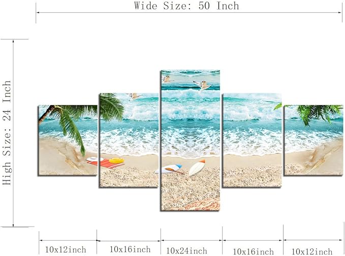 Surfing Waves Beach Picture Paintings Canvas Wall Art for Living Room Bedroom Home Decor Modern Seascape Landscape 5 Panels Framed Stretched Gallery Wrap Giclee Prints and Posters (50''W x 24''H)