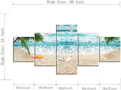 Surfing Waves Beach Picture Paintings Canvas Wall Art for Living Room Bedroom Home Decor Modern Seascape Landscape 5 Panels Framed Stretched Gallery Wrap Giclee Prints and Posters (50''W x 24''H)