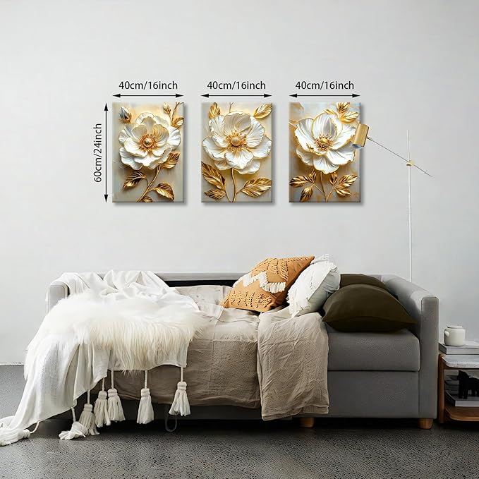 Modern White Floral Golden Leaves Canvas Wall Art Set, Neutral 3d Textured Flowers Wall Painting Pictures Boho Beige Blossom Wall Decor Posters Print Artwork for Bedroom Living Room Office 16x24x3Pcs