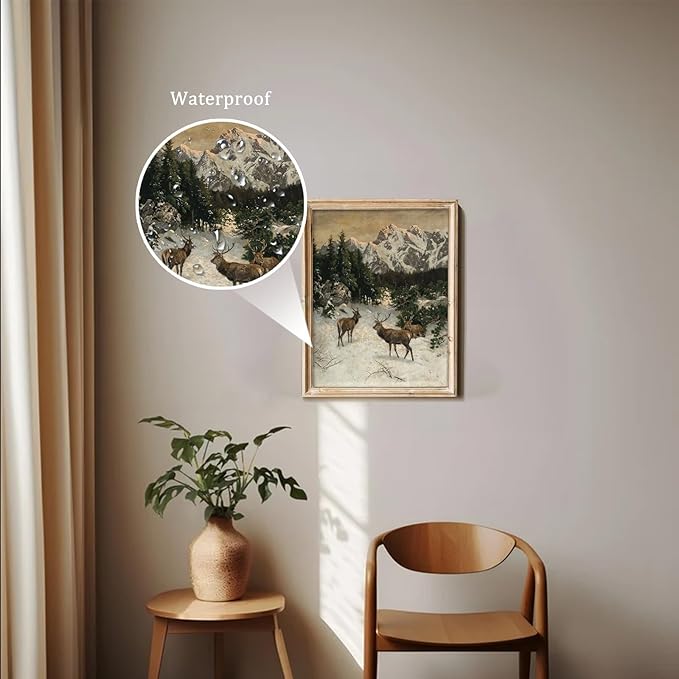 uniro Vintage Wall Art Prints - Vintage Christmas Print Winter Landscape Oil Painting, Rustic Deer Mountain Christmas Picture Wall Decor, Retro Muted Snowy Landscape Holiday Wall Decor, Xmas Decor for Bedroom Bathroom Living Room Christmas Holiday Deco...
