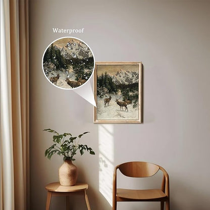 uniro Vintage Wall Art Prints - Vintage Christmas Print Winter Landscape Oil Painting, Rustic Deer Mountain Christmas Picture Wall Decor, Retro Muted Snowy Landscape Holiday Wall Decor, Xmas Decor for Bedroom Bathroom Living Room Christmas Holiday Deco...