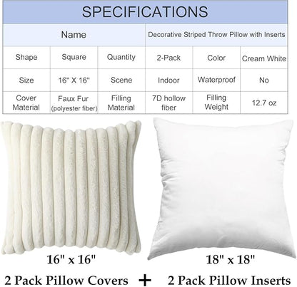 Decorative Throw Pillow with Inserts, Set of 2 Soft Faux Fur Throw Pillows, Square Boho Striped Pillow for Couch, Bed, Sofa Decor(Beige, 16" x 16")