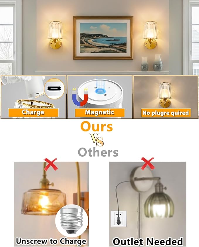 Adetu Crystal Wall Sconces Set of Two, Battery Operated Wall Sconce with 10000mAh Dimmable Magnetic Bulbs and Remote, RGB Rechargeable Wall Lights for Bedroom Living Room Hallway Decor