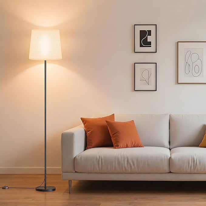 SIBRILLE Floor Lamp with White Shade, 62" LED Dimmable Standing Lamp with Foot Switch, Color Options, 9W E26 Bulb Included, Modern Reading Light for Living Room Bedroom Office Corner, Black