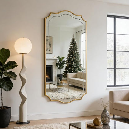 POZINO Gold Scalloped Mirror, 24"x47" Large Rectangle Aesthetic Wall Mirror with Wood Frame, Modern Elegant Wavy Mirrors for Living Room Bedroom Hallway Entryway, Horizontal or Vertical Hanging