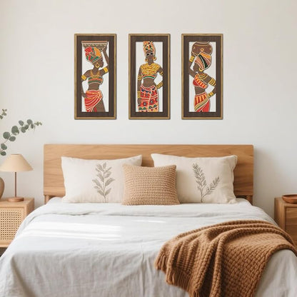 KAIRNE African American Wall Sign,Southwestern Orange Wooden Wall Art,Set of 3(8”X16”) Framed,Black Women Wood Bohemian Hanging Decor,Boho African Tribe Artwork for Living Room Bedroom Decor