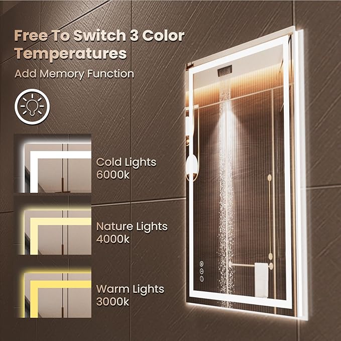 Snowdool 28"X36" LED Bathroom Mirror with Front Lights and Backlit, Anti-Fog, Dimmable, Shatter-Proof Tempered Glass, Lighted Bathroom Vanity Mirror for Wall with 3 Colors, Memory Function