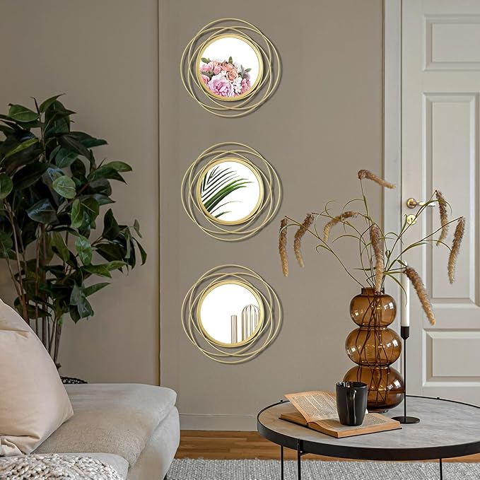 3 Set. Round Mirrors for Wall Decor Living Room Bedroom Bathroom Dining Room Metal Circle Mirror Set Boho Decorative Sunburst Wall Art Accent Entryway - Gold 9.5 in.