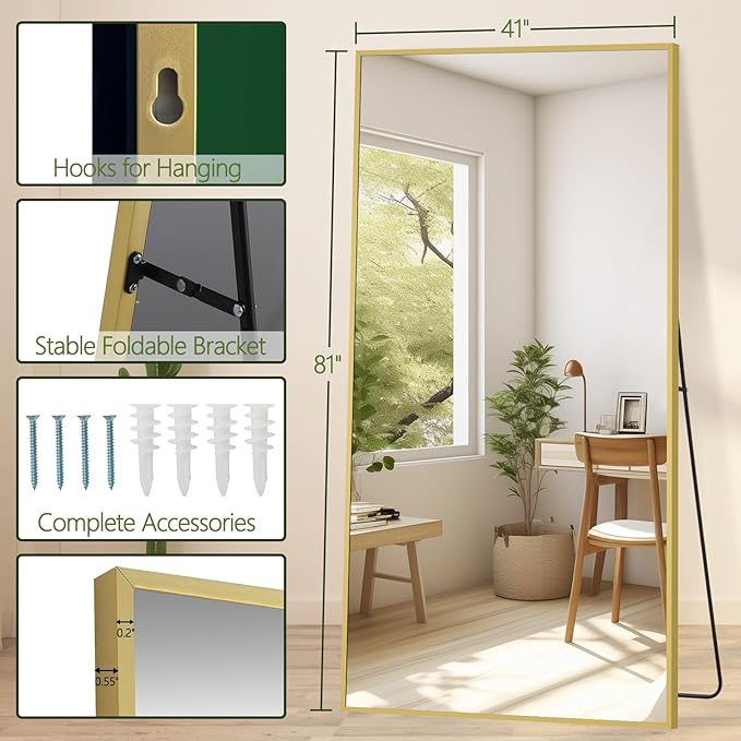 MELOMOIR 81"x41" Oversized Floor Mirror Freestanding, Gold Mirror Full Length for Bedroom Living Room Home Gym, Shatterproof Tempered Glass