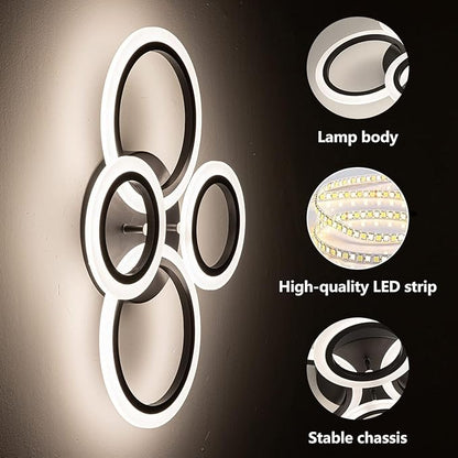 Shine LUEST 34W Modern LED Ceiling Light, 3000K-6000K Dimmable Ceiling Lighting Fixtures Ceiling Mount 4 Rings Black LED Chandelier Bedroom Lights Flush Mount with Remote for Kitchen, 2720LM