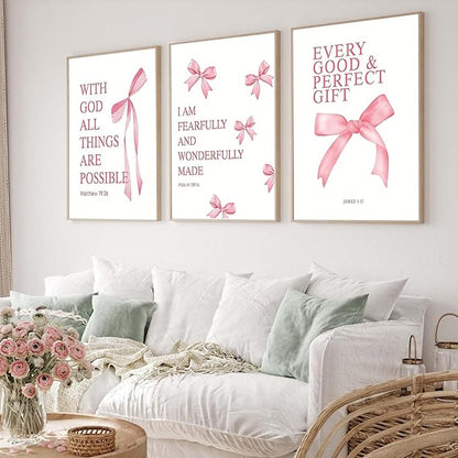JBZDD Coquette Pink Bow Wall Art Decor Posters Set of 3, Inspirational Bible Verses Pictures Prints Coquette Aesthetic for Girls Room College Apartment Living Room Bedroom Unframed 12x16 In