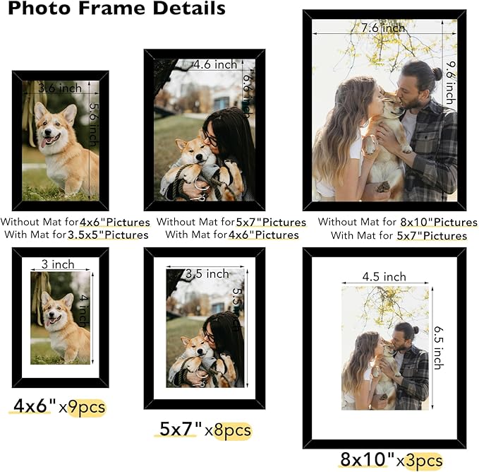 20 Packs Picture Frames Collage Wall Decor for Wall Hanging or Tabletop Display, Gallery Wall Frame Set for Family, Multi Sizes Photo Frames Collage Including 3Pcs 8x10, 8Pcs 5x7, 9Pcs 4x6, Black