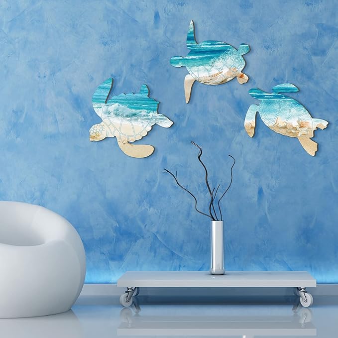 Tatuo 3 Pcs Summer Coastal Wall Decor Bathroom Beach Blue Wall Art Sea Turtle Surfboard Seahorse Starfish Seashell Conches Crabs Sea Life Decor for Bedroom Home (Fresh Turtle Style)