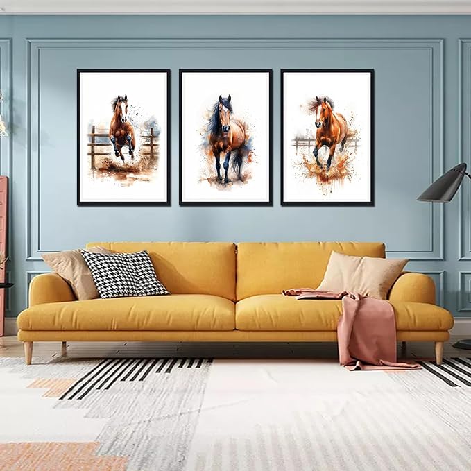 Funny Horses Framed Canvas Wall Art Set of 3 Horse Running Portrait Wall Decor for Country Apartment Living Room Bedroom Modern Rustic Animals Artwork Decoration Easy to Hand 24x36inchx3pcs