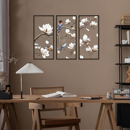 ShxTrade Metal Birds Wall Art, Large Metal Wall Art Vivid Bird on Tree Branch Silhouette Art Decor White Magnolia Tree Wall Sculpture for Home Living Room Garden Bedroom