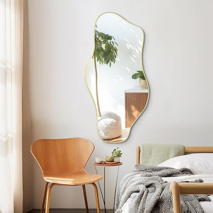 Gold Irregular Wall Mirror, 35.8"x17.7" Asymmetrical Tempered Glass Mirror, Modern Abstract Frameless Cloud Mirrors for Living Room Bedroom Entryway, Horizontal or Vertical Hanging