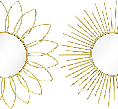 3 Pack Metal Mirrors for Wall Sunburst Wall Mirrors Home Décor Decorative Hanging Wall Art for Living Room Bedroom Entryway (Gold2, Flower+Sunburst)
