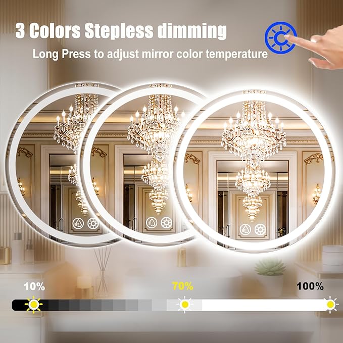 LTFUUAI 28" Round LED Bathroom Mirror with Lights, Smart Touch 3-Color Dimming Lighted Vanity Mirror Wall Mounted, Anti-Fog Shatterproof with Front & Back Light, for Bathroom Vanity (28" L x 28" W)