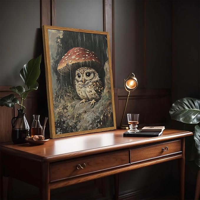 Framed Vintage Owl Canvas Wall Art, Cute Bird Mushroom Pictures Wall Decor, Cottagecore Forest Animal Paintings Prints Gothic Rustic Moody Home Decor for Living Room Bedroom Nursery 12x16 inch