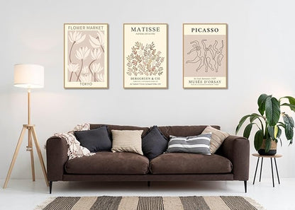 MINI ZOZI Matisse Wall Art Flower Market Prints 16X24 3PCS Picasso Wall Decor Large Canvas Beige Posters Trendy Funky Aesthetic Abstract Line Minimalist Poster Danish Pastel Painting Bedroom Printing