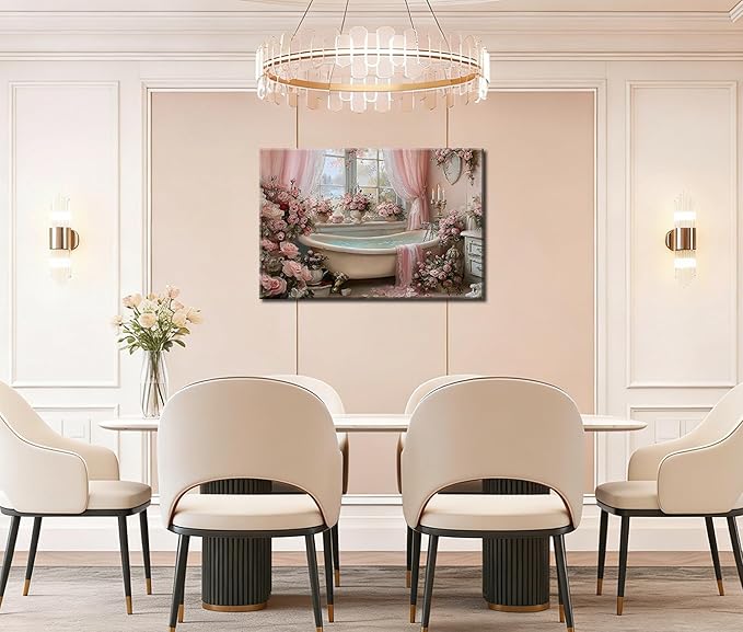 Frimeeme Vintage Pink Roses Bathtub Canvas Wall Art, Luxury Floral Bathroom Decor, for Bathroom Farmhouse Laundry Room Powder Room,16x24 Inches, Framed