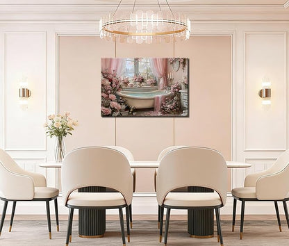 Frimeeme Vintage Pink Roses Bathtub Canvas Wall Art, Luxury Floral Bathroom Decor, for Bathroom Farmhouse Laundry Room Powder Room,16x24 Inches, Framed