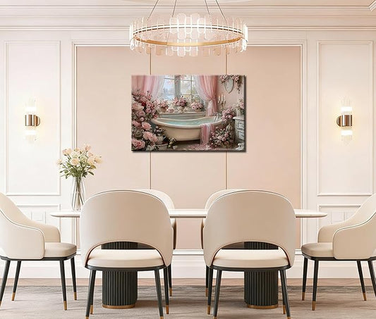 Frimeeme Vintage Pink Roses Bathtub Canvas Wall Art, Luxury Floral Bathroom Decor, for Bathroom Farmhouse Laundry Room Powder Room,16x24 Inches, Framed