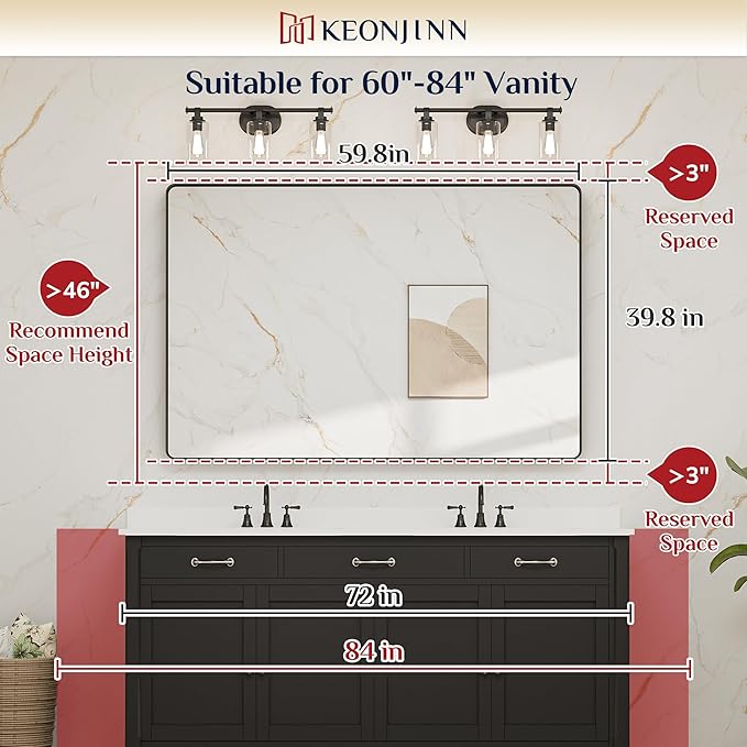 Keonjinn Black Bathroom Mirror for Over Sink, 60 x 40 Inch Large Rounded Rectangle Bathroom Vanity Mirror, Matte Black Sandblasted Finish, HD Tempered Glass, Seamless Metal Frame(Horizontal/Vertical)