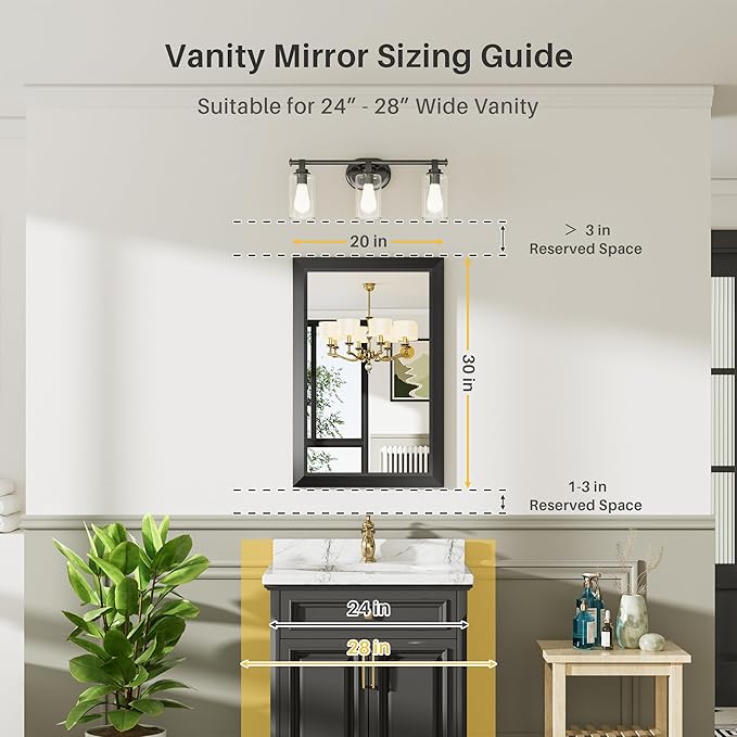 Briivue 20x30 Inch Black Bathroom Mirror for Wall, Thick Metal Framed Rectangle Mirrors for Over Sink, Bedroom, Living Room, Entryway, Anti-Rust, HD Tempered Glass