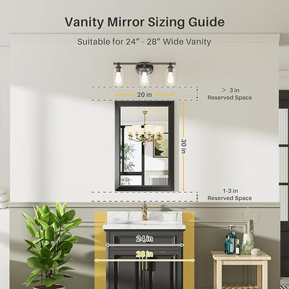 Briivue 20x30 Inch Black Bathroom Mirror for Wall, Thick Metal Framed Rectangle Mirrors for Over Sink, Bedroom, Living Room, Entryway, Anti-Rust, HD Tempered Glass