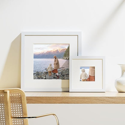 Vittanly 8x8 Picture Frames Set of 9, Shatter Resistant Plexiglass, Display 4x4 Pictures with Mat or 8x8 without Mat, Photo Frames for Wall Mount, Engineered Wood, White