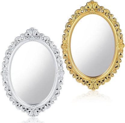 Ptwola 2PCS Vintage Decorative Wall Mirror Small Oval Wall Hanging Mirrors Antique Gold Carved Framed Mirror for Entryways Bedroom Living Room Dresser Decor