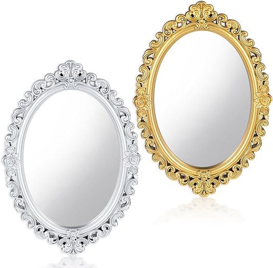 Ptwola 2PCS Vintage Decorative Wall Mirror Small Oval Wall Hanging Mirrors Antique Gold Carved Framed Mirror for Entryways Bedroom Living Room Dresser Decor