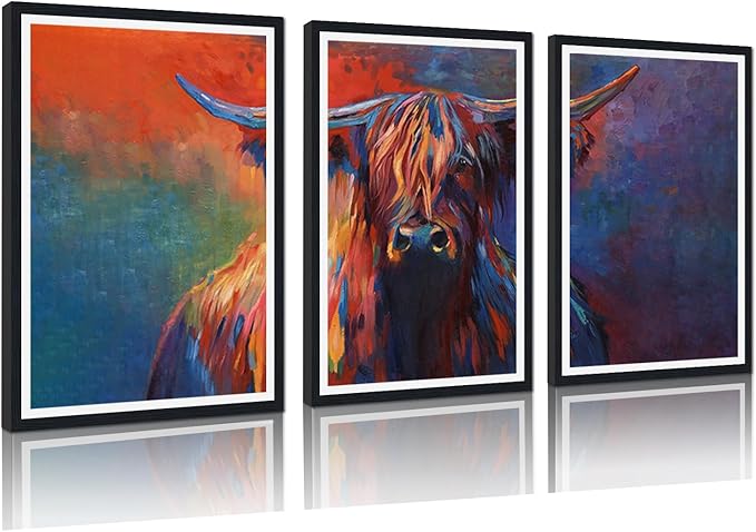 Vibrant Highland Cow Framed Canvas Wall Art Abstract Cow Portrait Poster Wall Decor for Country Apartment Living Room Office Nursery Scottish Cattle Artwork Decoration Easy to Hand 24x36inchx3pcs