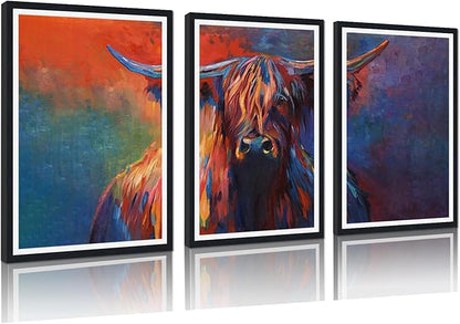 Vibrant Highland Cow Framed Canvas Wall Art Abstract Cow Portrait Poster Wall Decor for Country Apartment Living Room Office Nursery Scottish Cattle Artwork Decoration Easy to Hand 24x36inchx3pcs