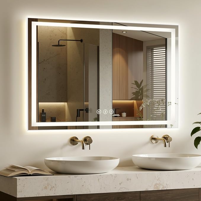 55X36 LED Bathroom Mirror with Lights, Anti-Fog, Backlit + Front Lit, Lighted Bathroom Vanity Mirror for Wall, Memory Function, Dimmable, Tempered Glass, Shatter-Proof