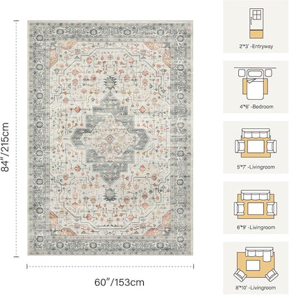 Rugxara 5X7 Taupe Washable Area Rug for Living Room, Vintage Boho Rugs for Office, Dining Room, Kids Room, Farmhouse, Low Pile Non Slip Carpet for High Traffic Areas