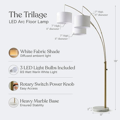 Brightech Trilage Arc Floor Lamp - Large Standing Lamp with 3 Fabric Shades & LED Bulbs for Living Room Over the Sofa, Reading, Multi-Head Traditional Tree Floor Lamp for Bedroom - Brass