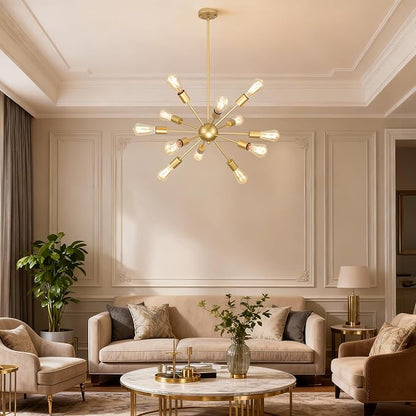 Gold Sputnik Chandelier, 12 Light Farmhouse Chandeliers for Dining Room Light Fixtures Over Table, Modern Ceiling Hanging Lighting for Living Dining Room, Kitchen Island, Entryway, Foyer