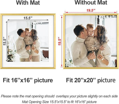 Yaetm 20x20 Gold Picture Frame Matted to 16x16, Set of 3, Thin Large Square Frame for Gallery Wall Display, Hanging Hardware Included (3 Pack, Gold)