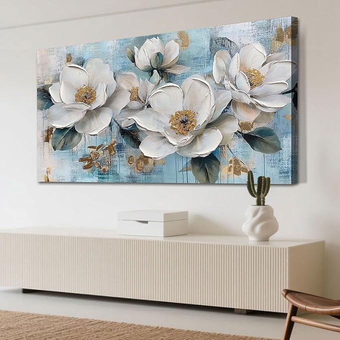 Ardemy Flower Wall Art for Living Room White Floral Canvas Art Wall Decor, Magnolia Teal Picture Textured Large Painting Turquoise Framed Artwork Bedroom Dining Room Kitchen Home Office 48"x24"