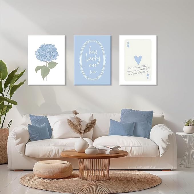 Cshylven Hydrangea Wall Art Set of 3, Blue Floral Canvas Prints, Inspirational Quote Modern Minimalist Botanical Wall Decor, Preppy Baby Blue Aesthetic Pictures for Bedroom Bathroom Dorm 24x16 Framed