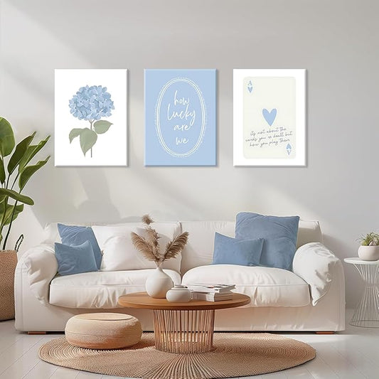 Cshylven Hydrangea Wall Art Set of 3, Blue Floral Canvas Prints, Inspirational Quote Modern Minimalist Botanical Wall Decor, Preppy Baby Blue Aesthetic Pictures for Bedroom Bathroom Dorm 24x16 Framed