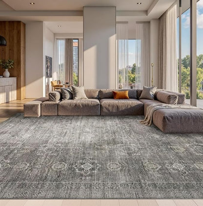Rugxara 10x14 Area Rugs for Living Room Bedroom, Large Washable Rug, Grey Vintage Retro Boho Rug, Non Slip & Low Pile Faux Wool Thin Carpet for Indoor Dining Room and Kids Room(Taupe/Grey 10x14ft)
