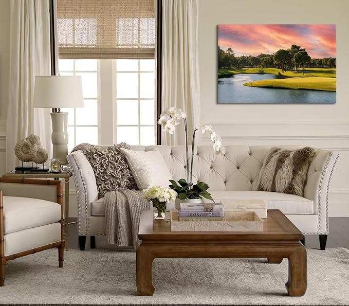 Sunset Golf Course Wall Art for Living Room Bedroom Bathroom Home Decorations Golf Course Picture Poster Print on Canvas Modern Artwork Framed Ready to Hang(18''H x 24''W)